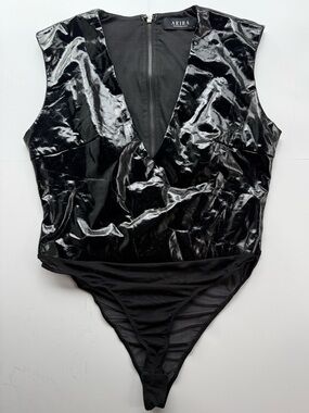 Akira Bodysuit Womens XL Top Faux Leather Latex V-neck  TW63